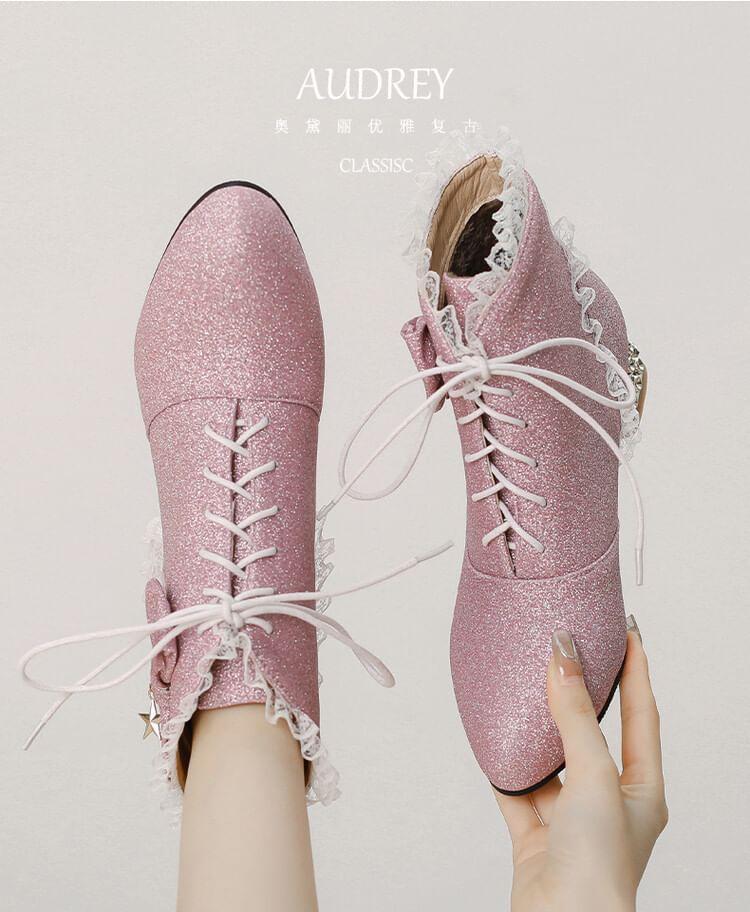 Low Heel Glitter Lace Up Short Boots Product Image