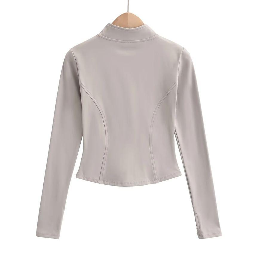 Long-Sleeve High Neck Zip-Up Crop Top Product Image