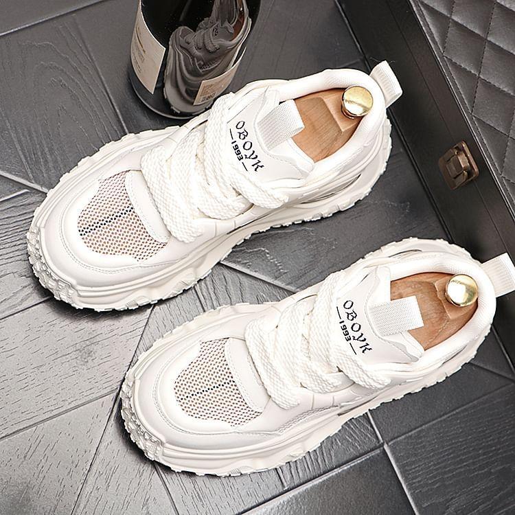 Hidden Wedge Mesh Panel Lace-Up Sneakers Product Image