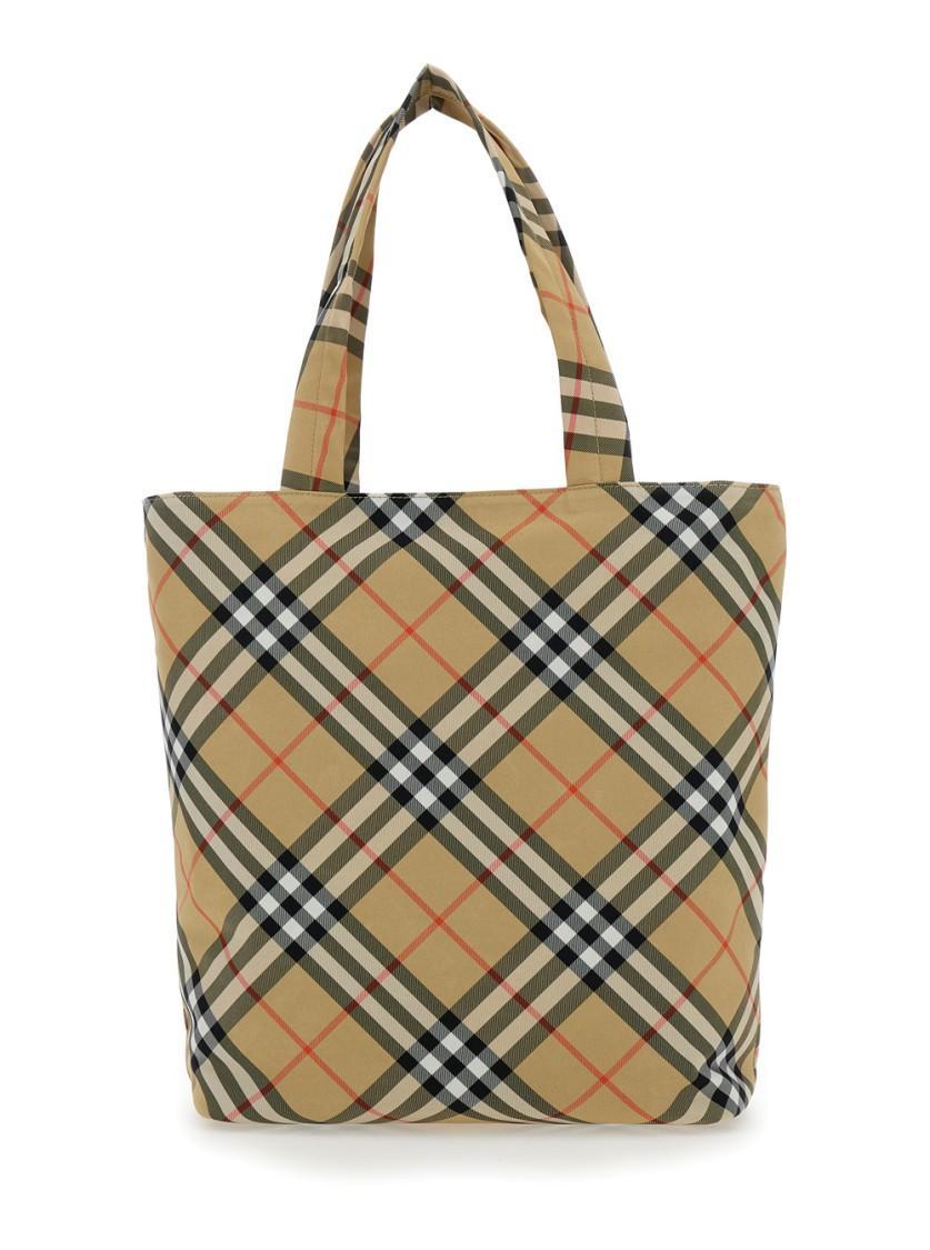 BURBERRY Beige Tote Bag With Check Motiv And Ekd Logo In Tech Fabric In Brown Product Image