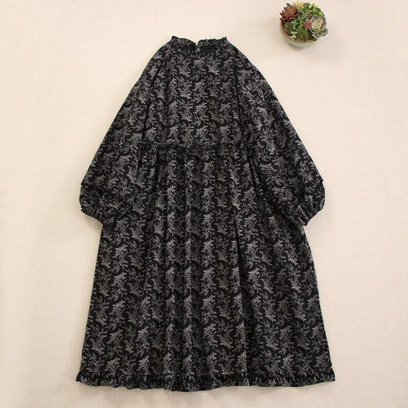 Puff-Sleeve Floral Midi Smock Dress Product Image