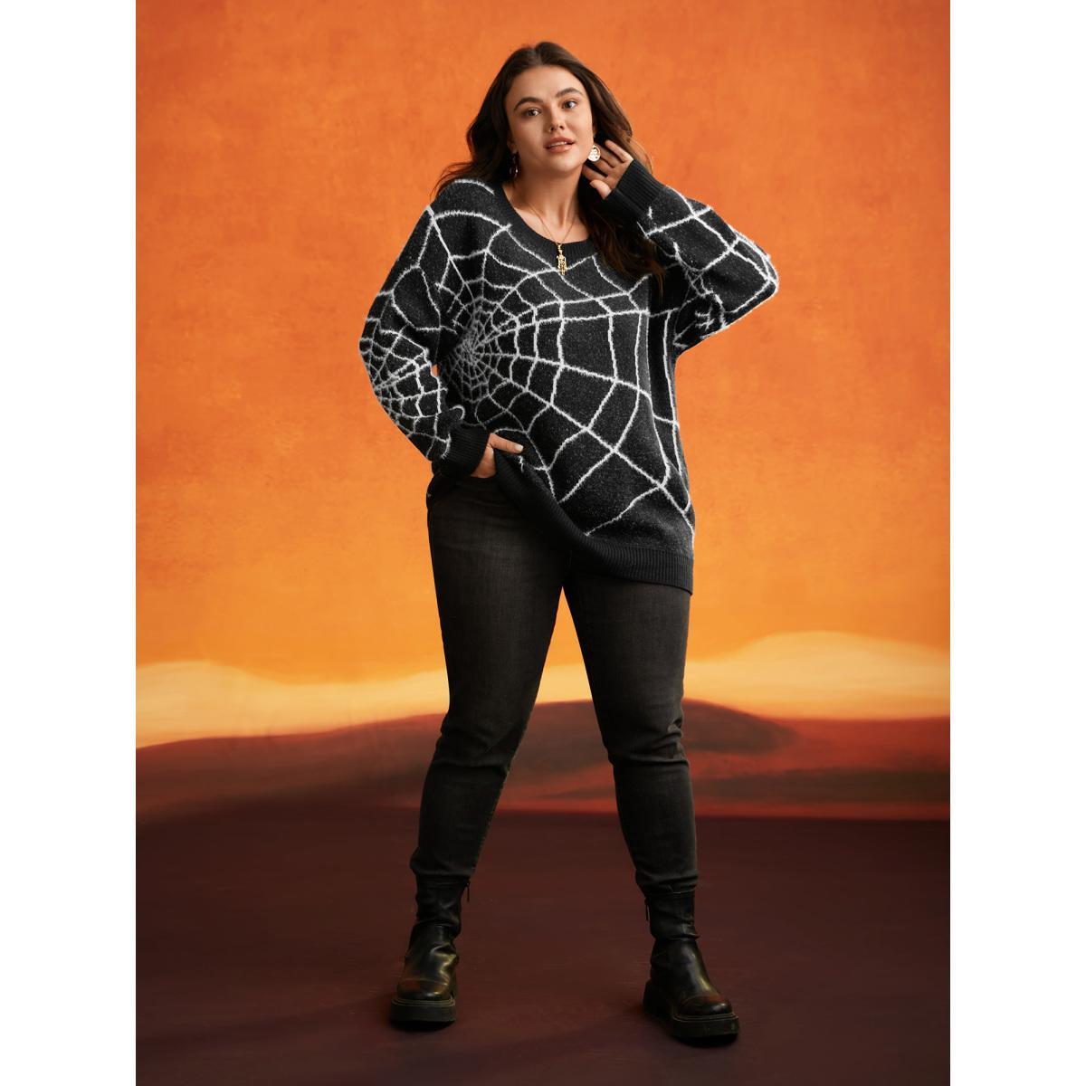 Plus Size Textured Spider Web Crew Neck Pullover Black Women Casual Long Sleeve Round Neck Everyday Pullovers BloomChic 26/4X Product Image