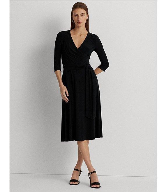 Lauren Ralph Lauren Wrap Front V-Neck 3/4 Sleeve Jersey Machine Washable Midi Dress Product Image