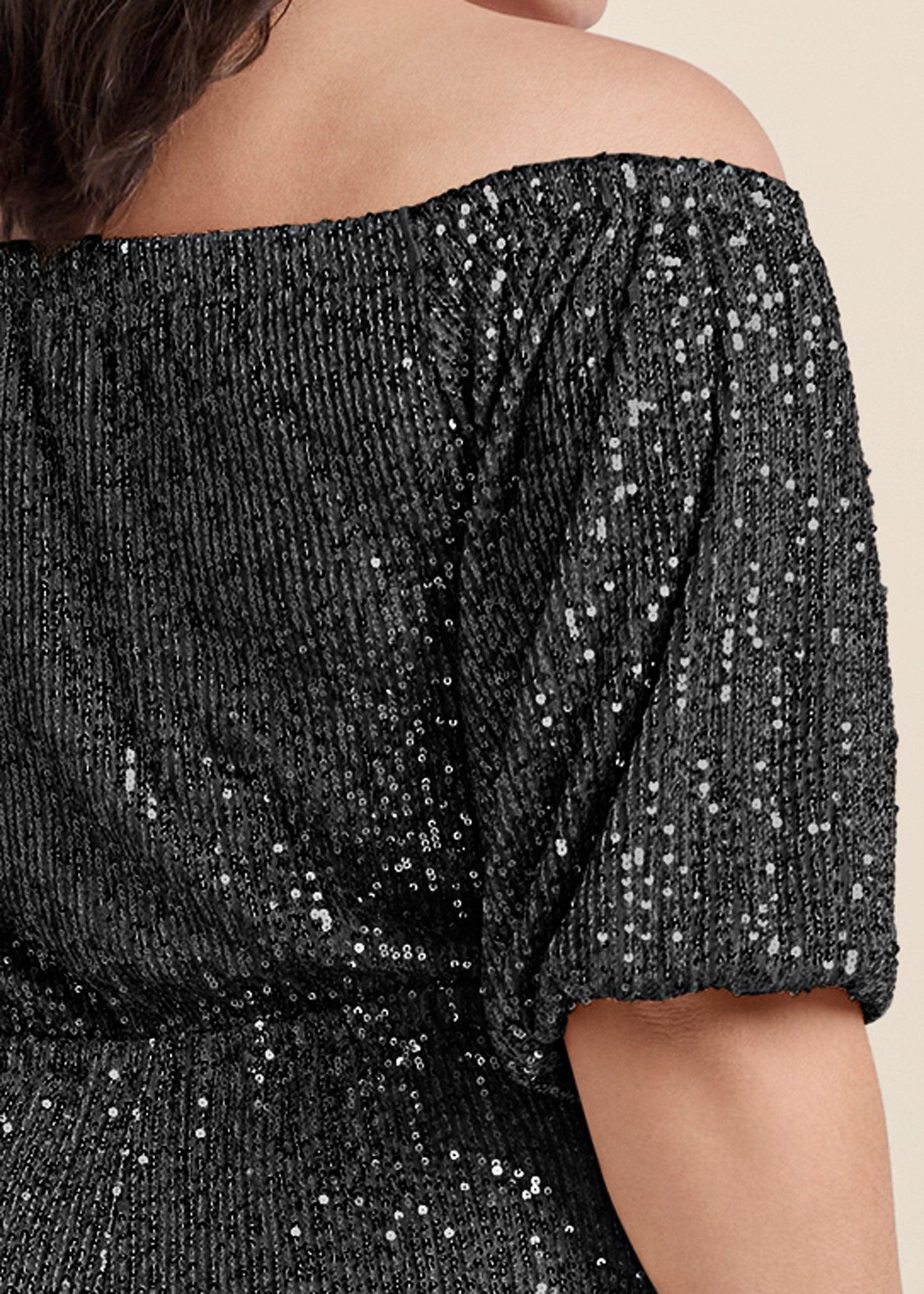 Off-Shoulder Sequin Jumpsuit - Black Product Image