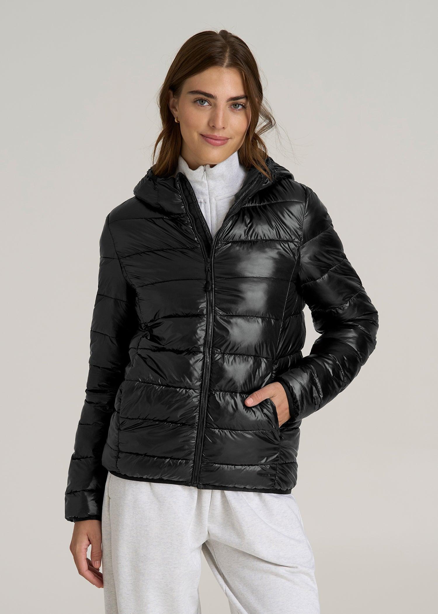 Packable Short Puffer Jacket for Tall Women in Glossy Black Female Product Image