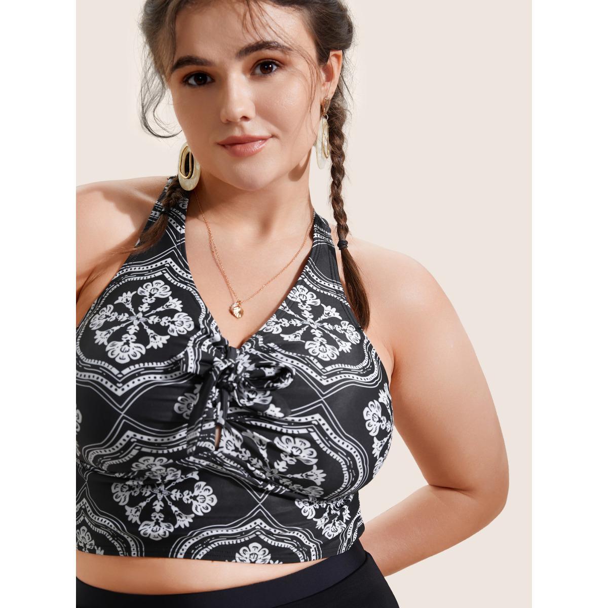 Plus Size Bandana Print Bowknot Adjustable Straps Swim Top Women's Swimwear Black Beach Tie knot High stretch Skinny V-neck Curve Swim Tops BloomChic 10/M Product Image
