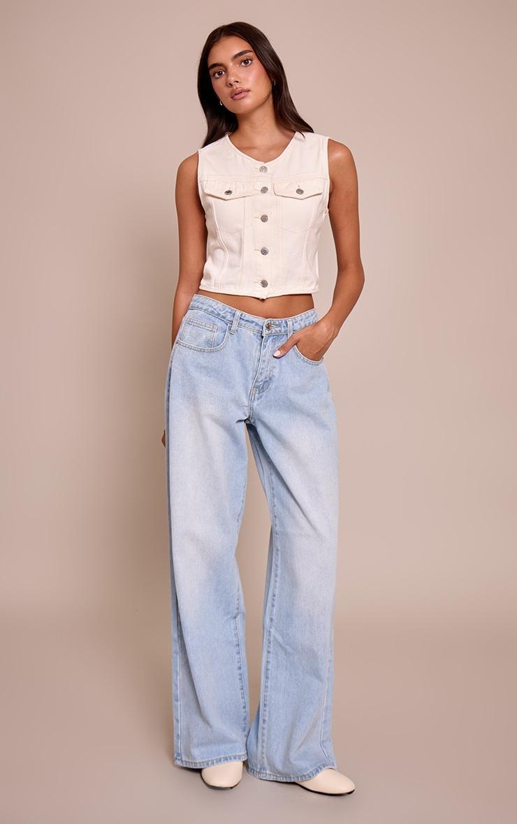 Butter Yellow Round Neck Button Detail Sleeveless Denim Crop Top Product Image