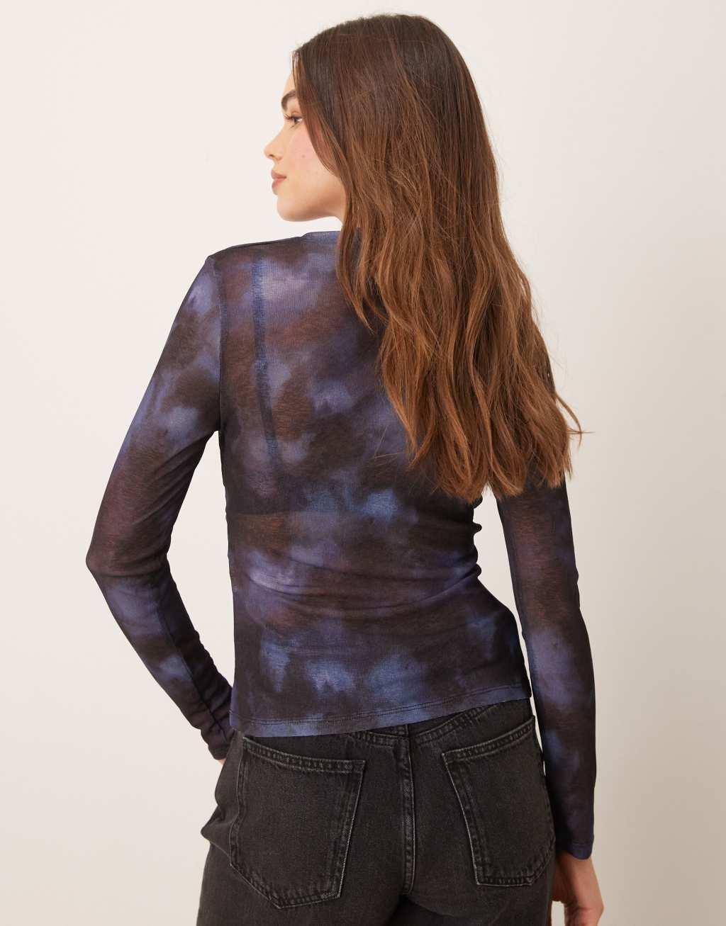 JDY ruched mesh top in blue abstract print Product Image