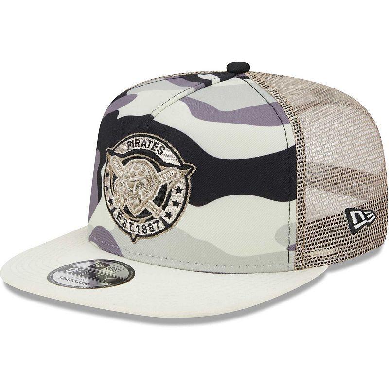 Mens New Era White Pittsburgh Pirates Chrome Camo A-Frame 9FIFTY Trucker Snapback Hat Product Image