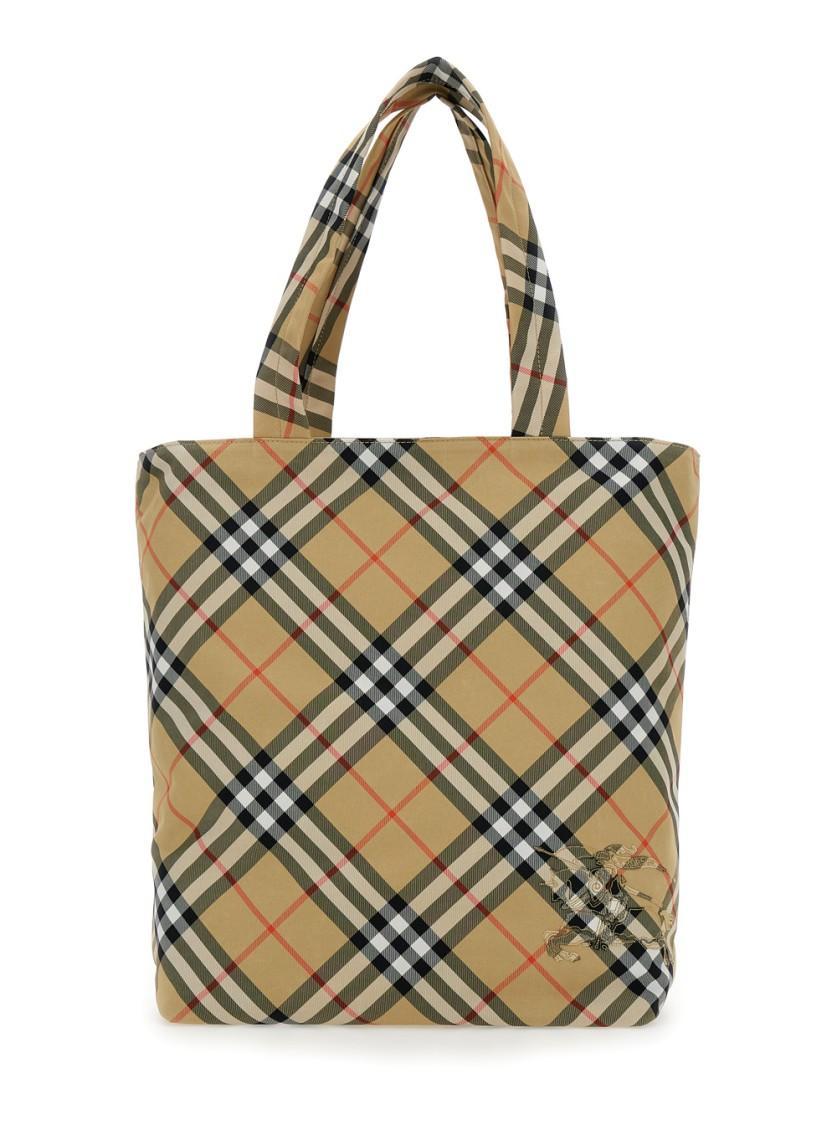 BURBERRY Beige Tote Bag With Check Motiv And Ekd Logo In Tech Fabric In Brown Product Image