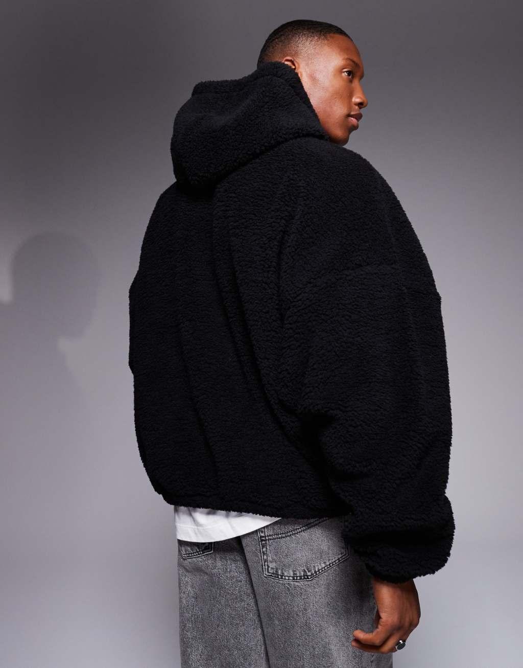 ASOS DESIGN extreme oversized borg hoodie in black Product Image