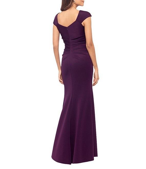 Xscape Asymmetrical Neckline Cap Sleeve Ruched Scuba Crepe Sheath Gown Product Image