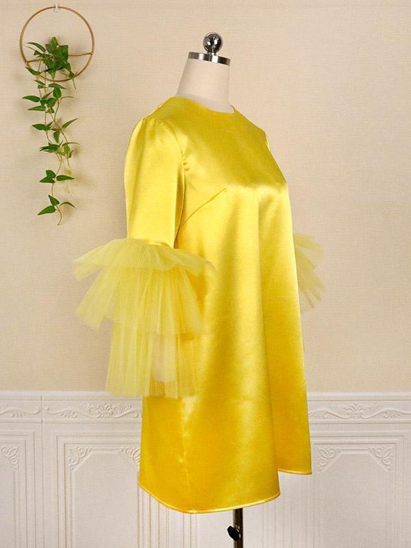 Half Sleeves Loose Shiny Solid Color Split-Joint Tulle Round-Neck Mini Dresses Product Image