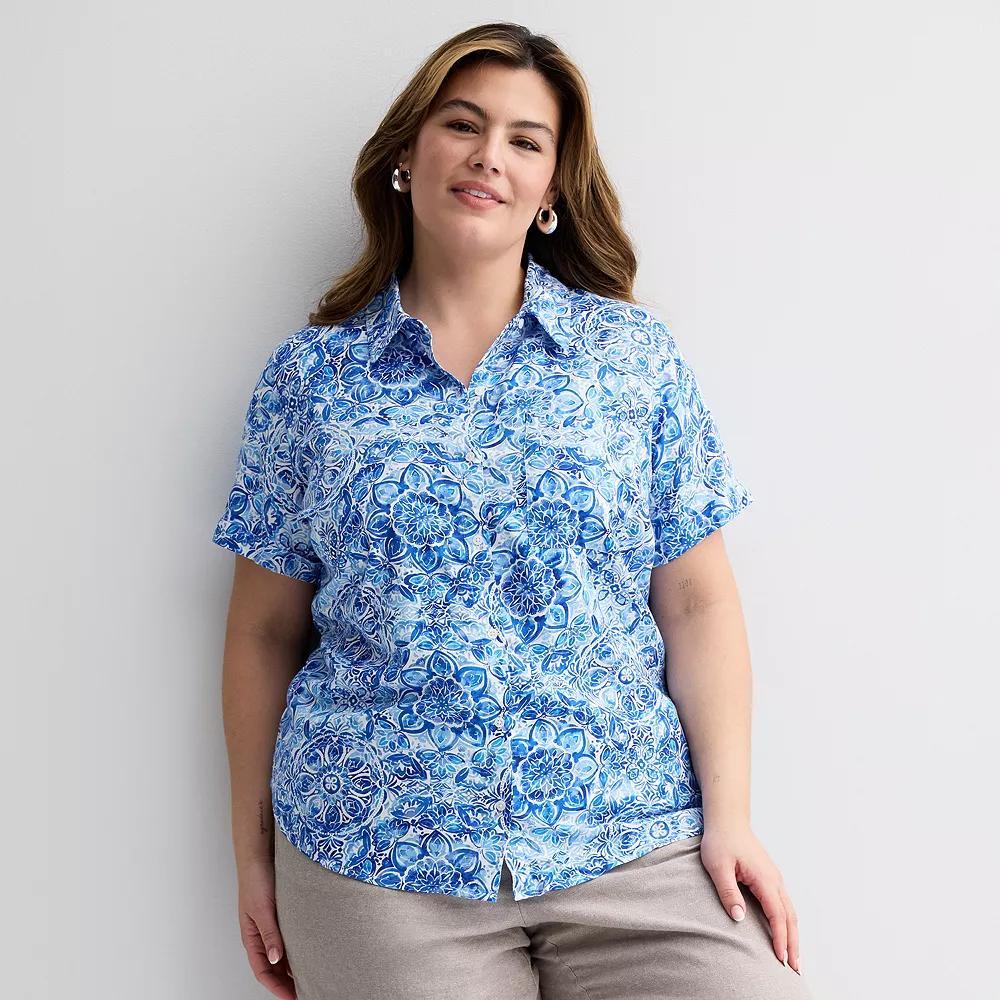 Plus Size Croft & Barrow® Camp Shirt, Women's, Size: 2XL, Blue Watercolor Tile Product Image