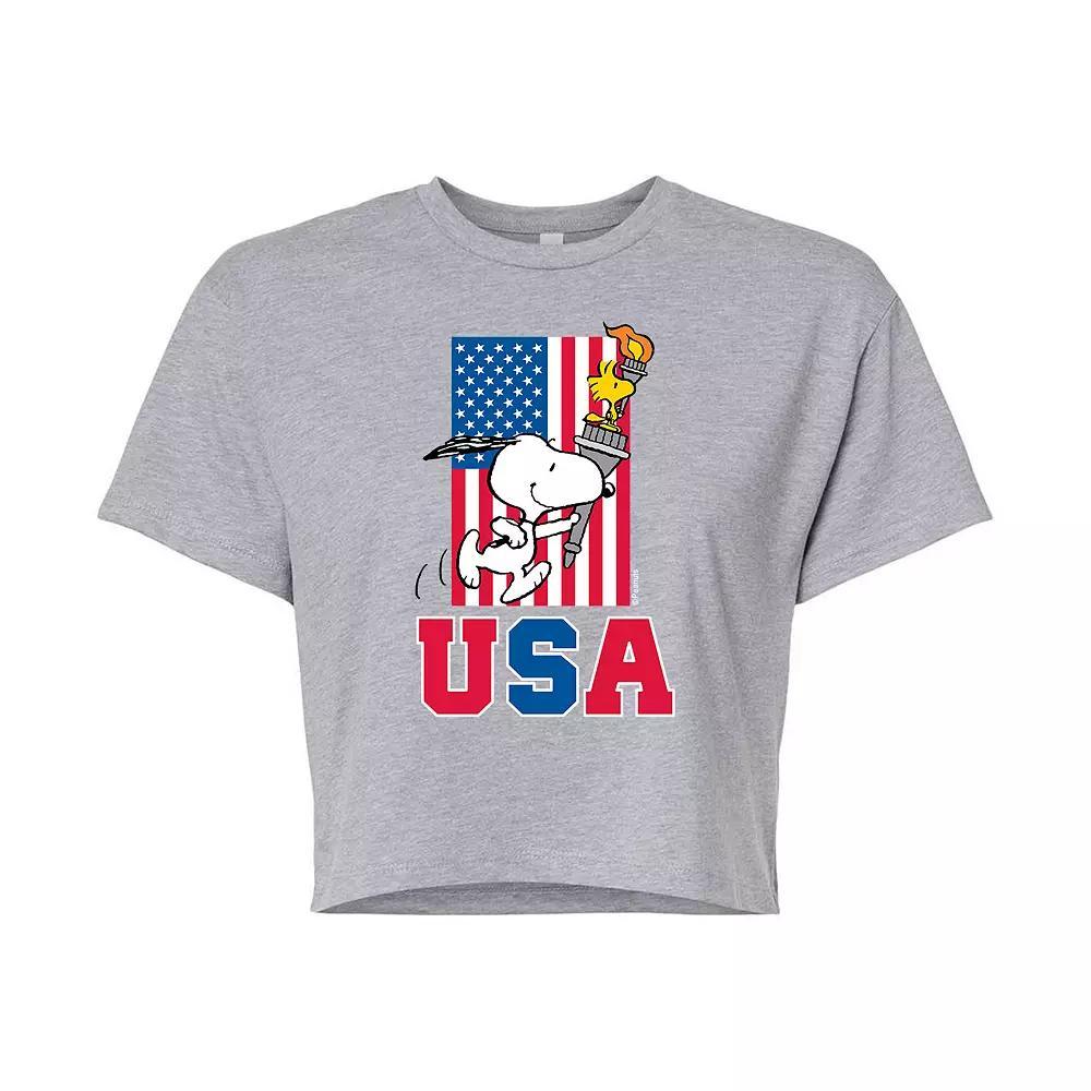 Juniors' Peanuts USA Torch Cropped Tee, Girl's, Size: XL, Grey Product Image