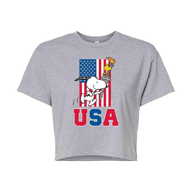 Juniors' Peanuts USA Torch Cropped Tee, Girl's, Size: XL, Grey Product Image