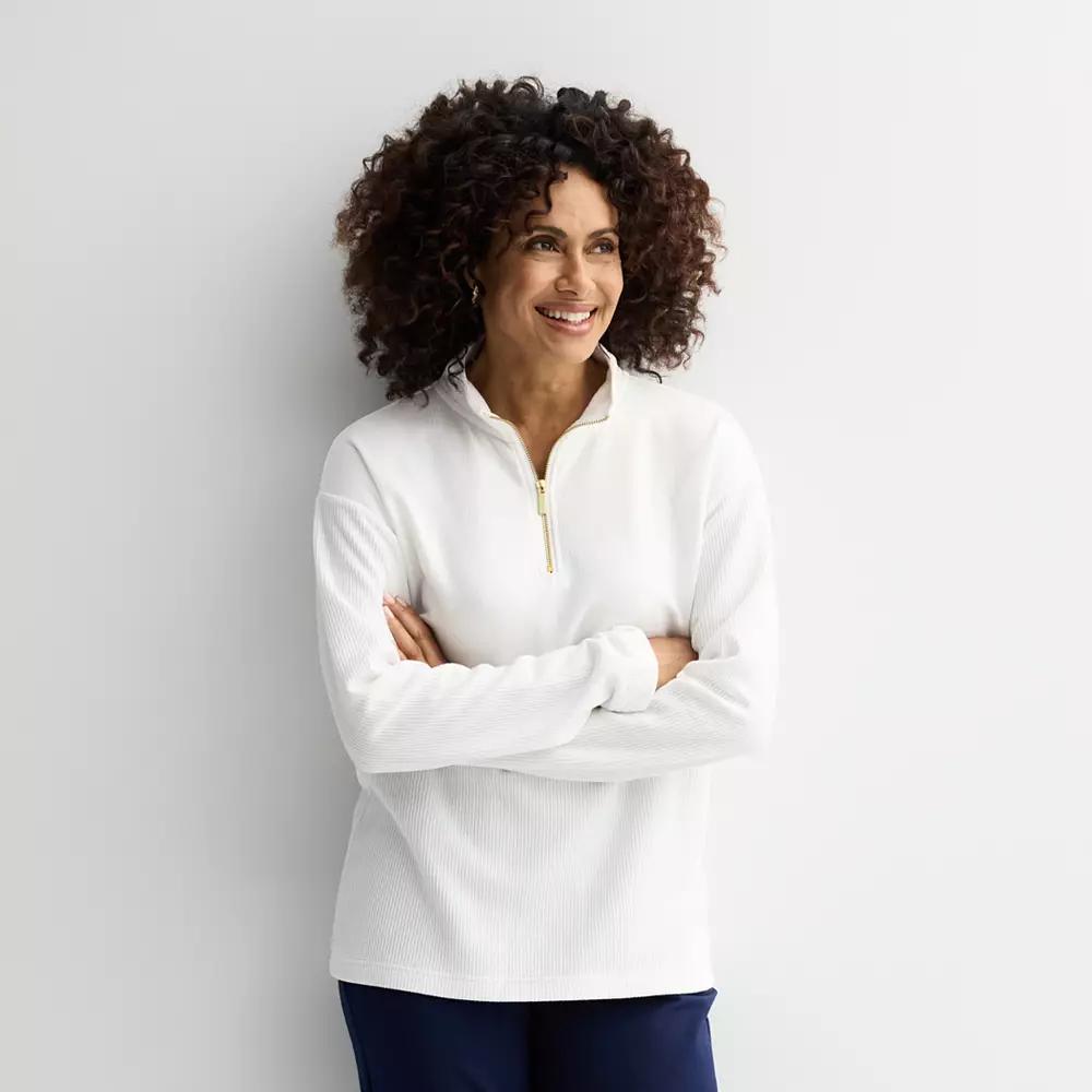 Petite Croft & Barrow® Quarter Zip Waffle Pullover, Women's,  Product Image