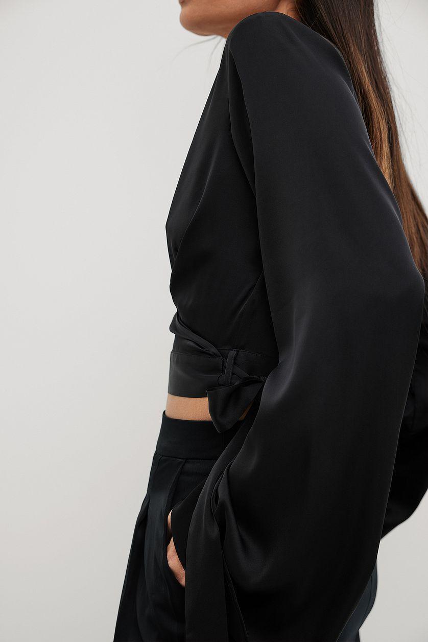 Trumpet Sleeve Wrap Front Satin Blouse Product Image