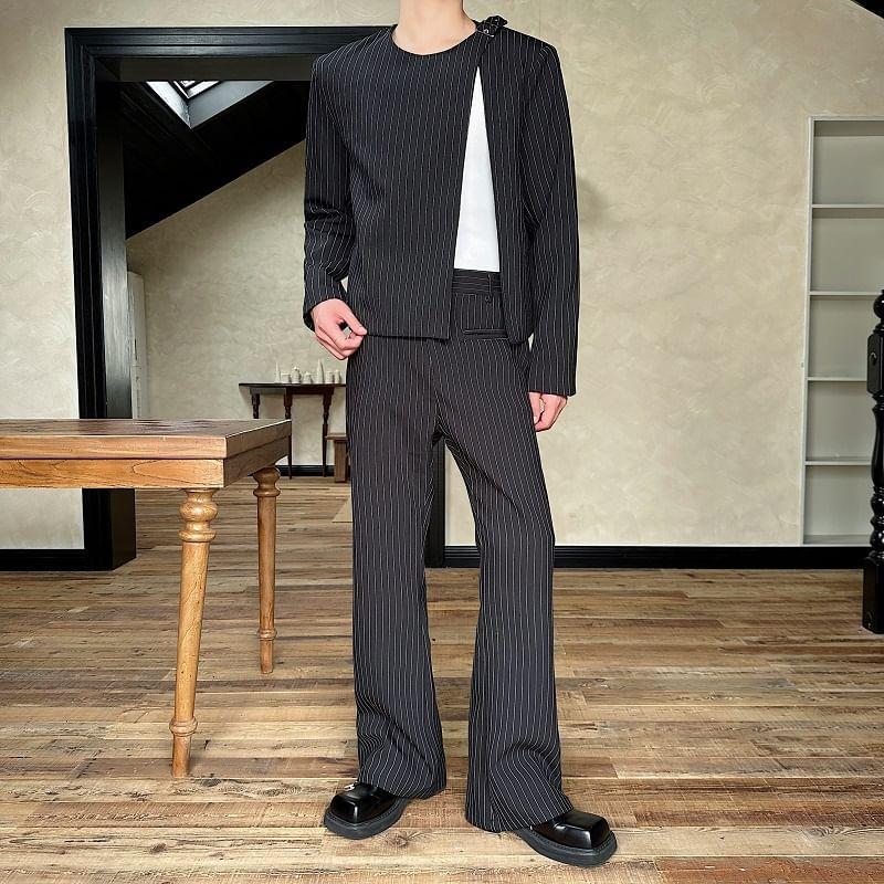 Set: Crew Neck Pinstriped Buckled Blazer + Mid Rise Wide Leg Dress Pants Product Image