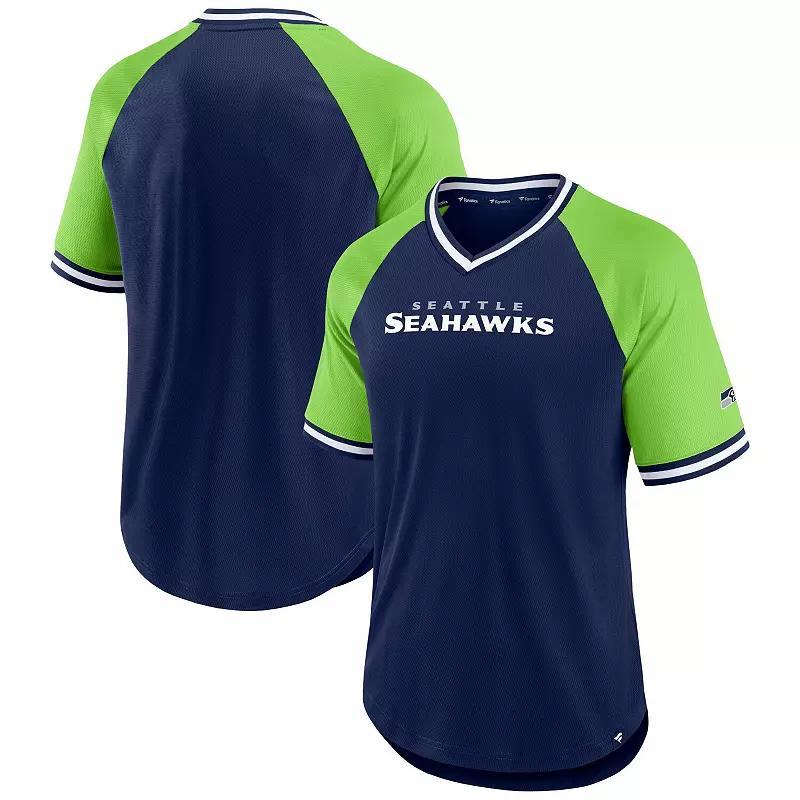 Men's Fanatics Branded College Navy/Neon Green Seattle Seahawks Second Wind Raglan V-Neck T-Shirt, Size: XL, Blue Product Image