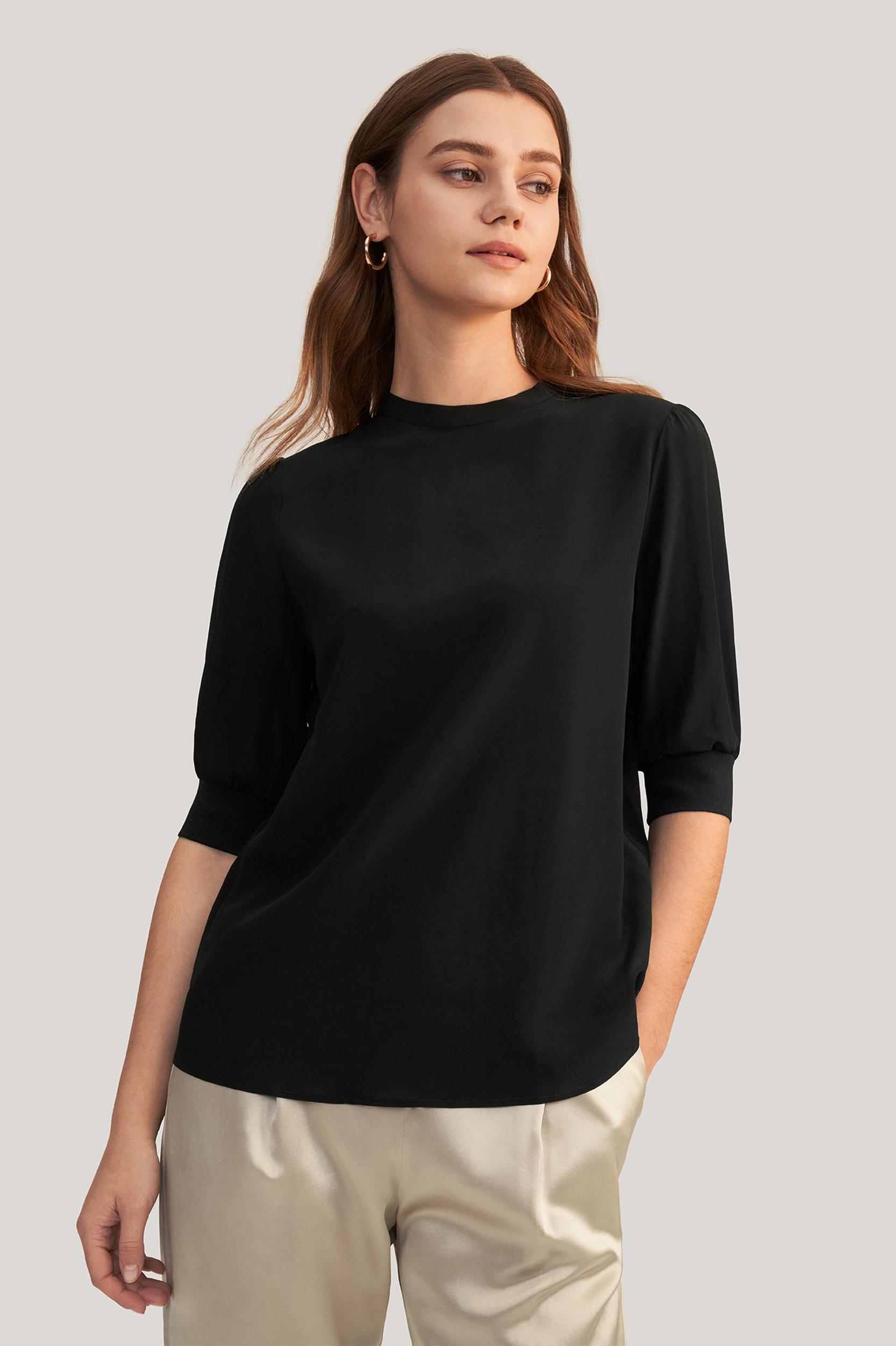 Elegant Casual Silk Tee With Rib Cuff Product Image