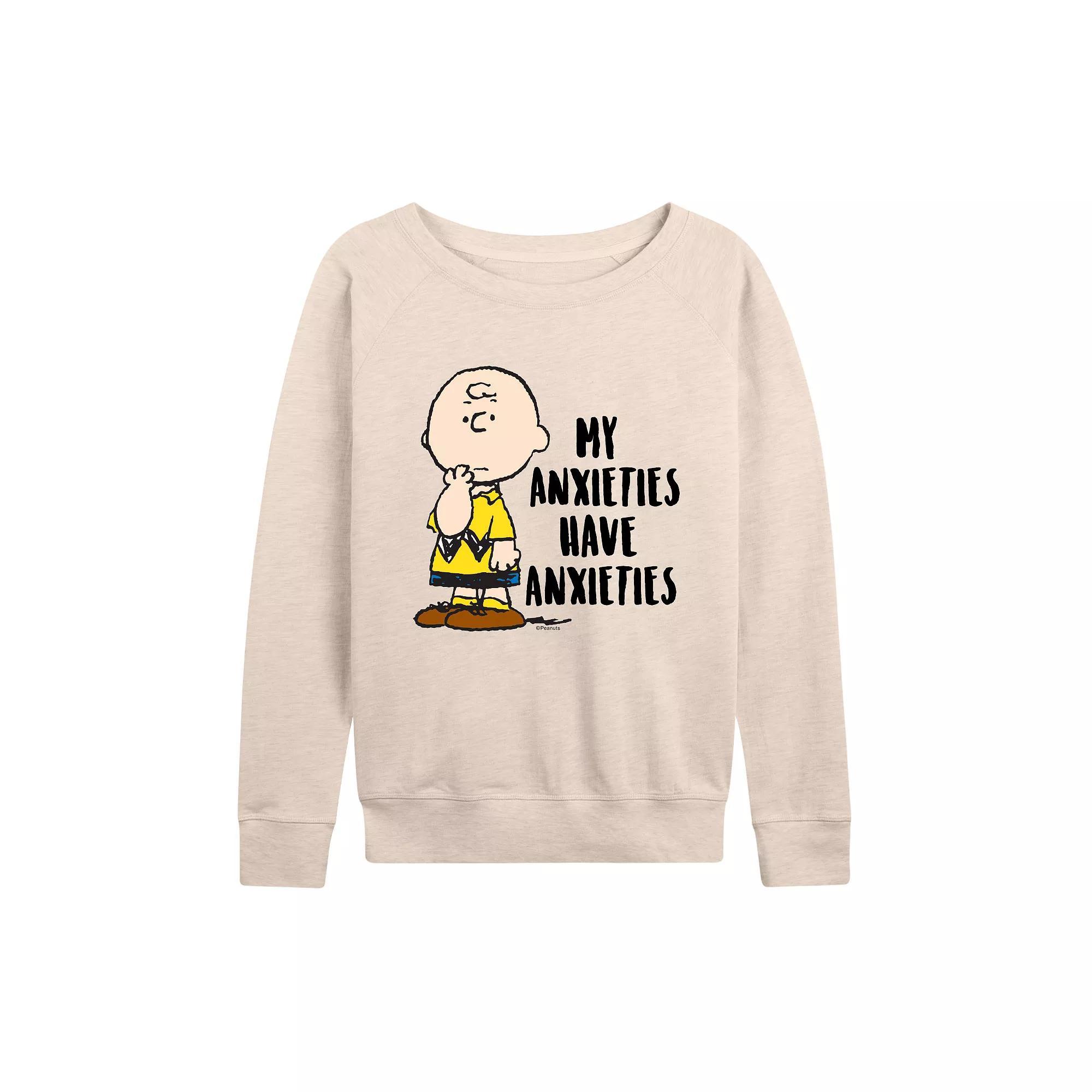 Women's Peanuts Charlie Brown Anxieties French Terry Long Sleeve Tee, Girl's,  Product Image