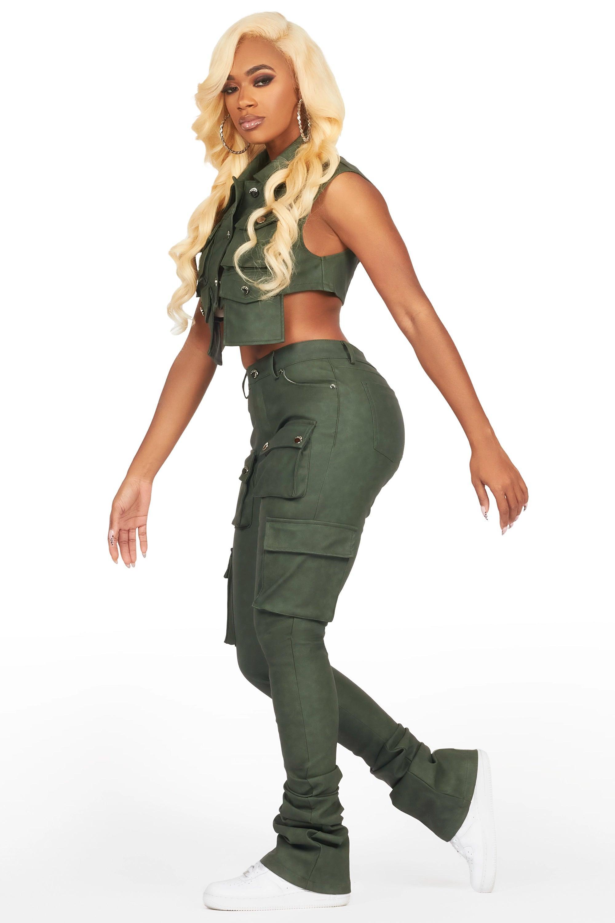 Kiedra Green Cargo Faux Leather Vest Female Product Image