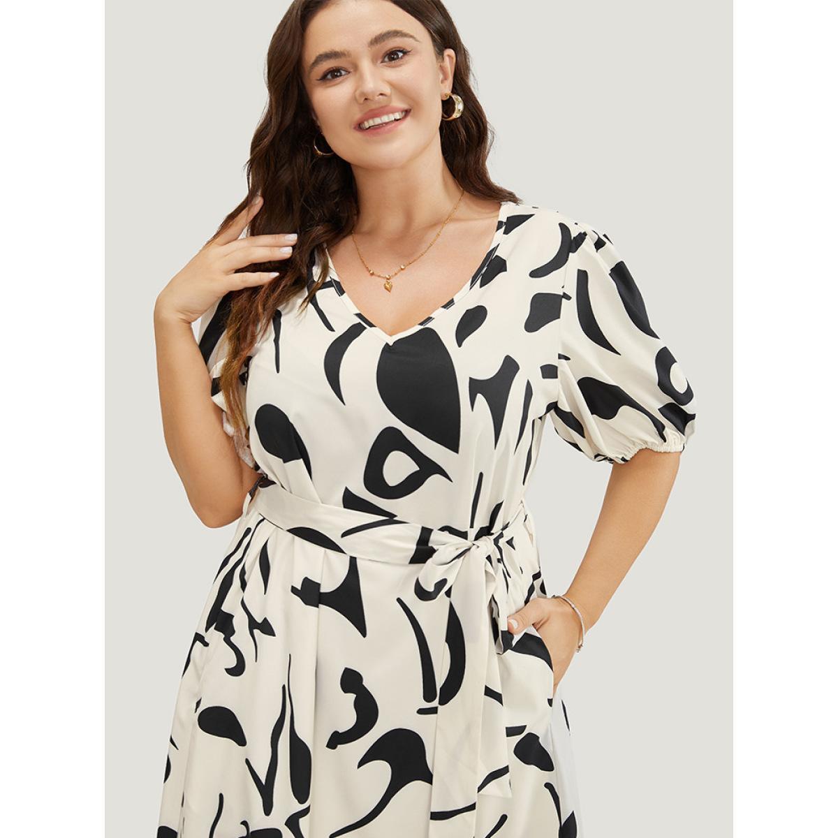 Plus Size Geometric Print Pocket Flutter Hem Belted Puff Sleeve Dress Multicolor Women Elegant Belted V-neck Short sleeve Curvy Midi Dress BloomChic 22-24/3X Product Image