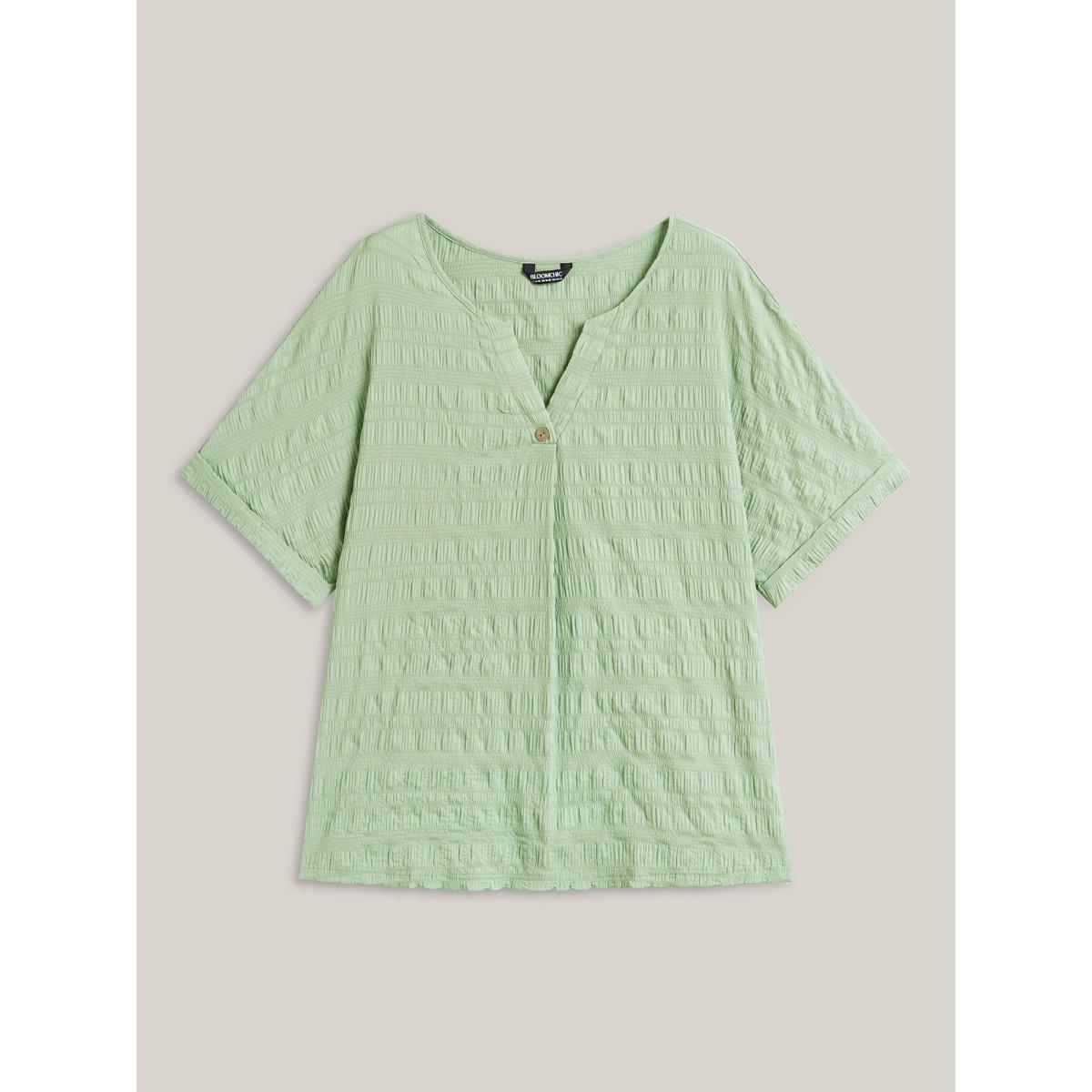 Plus Size Textured Pleated Front Button T-Shirt Greenbean Women Texture Flat collar with V-notch Everyday-Casual T-shirts BloomChic 14-16/1X Product Image