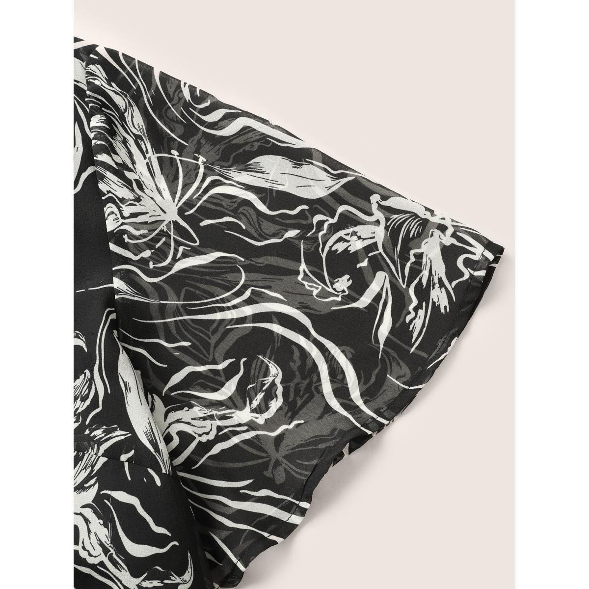 Plus Size Black Floral Half Zip Patchwork Mesh Blouse Women Elegant Short sleeve V-neck Everyday Blouses BloomChic 18-20/2X Product Image