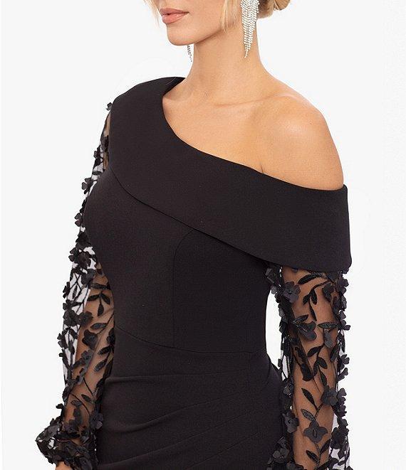 Xscape Scuba Crepe One Shoulder Long 3D Floral Sleeve Gown Product Image