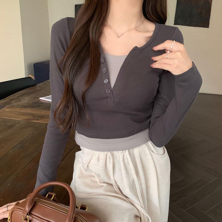 V-Neck Long Sleeve Plain Mock Two Piece Cropped Top Product Image