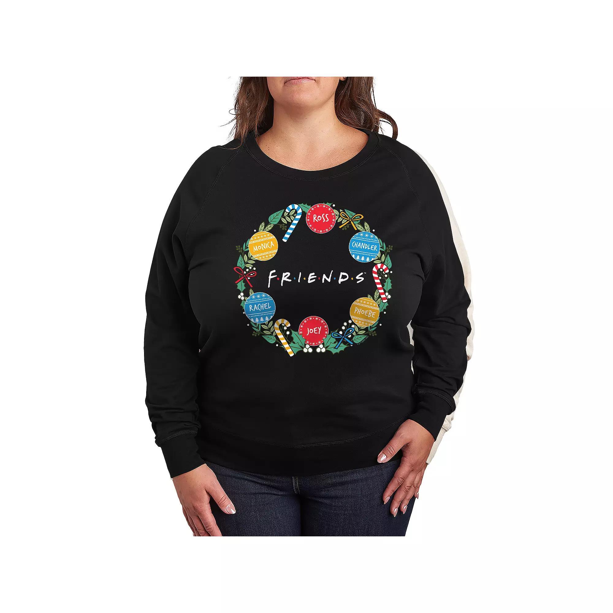 Plus Size Friends Christmas Wreath French Terry Long Sleeve Tee, Women's, Size: 2XL, Black Product Image