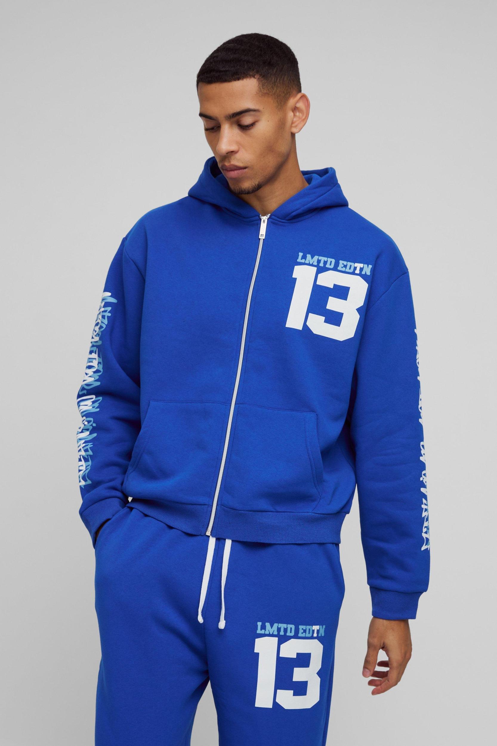 Oversized Boxy Limited Varsity Graffiti Zip Through Hooded Tracksuit | boohooMAN USA Product Image