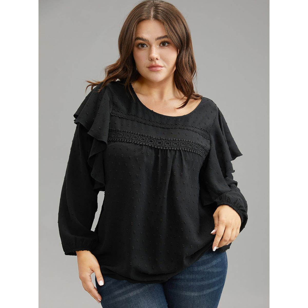 Plus Size Black Solid Contrast Lace Tiered Ruffles Blouse Women Elegant Long Sleeve Round Neck Dailywear Blouses BloomChic 12/L Product Image