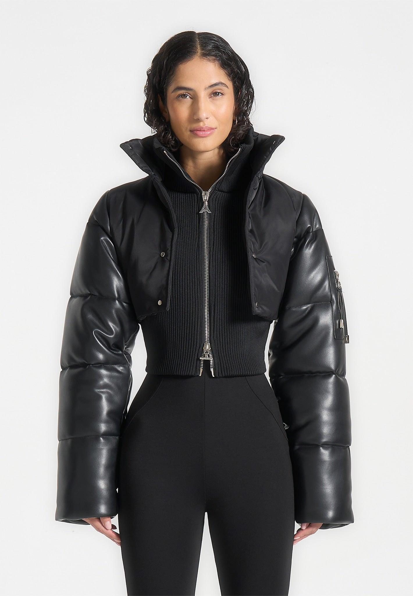 Leather and Nylon Layered Puffer Jacket - Black Female Product Image