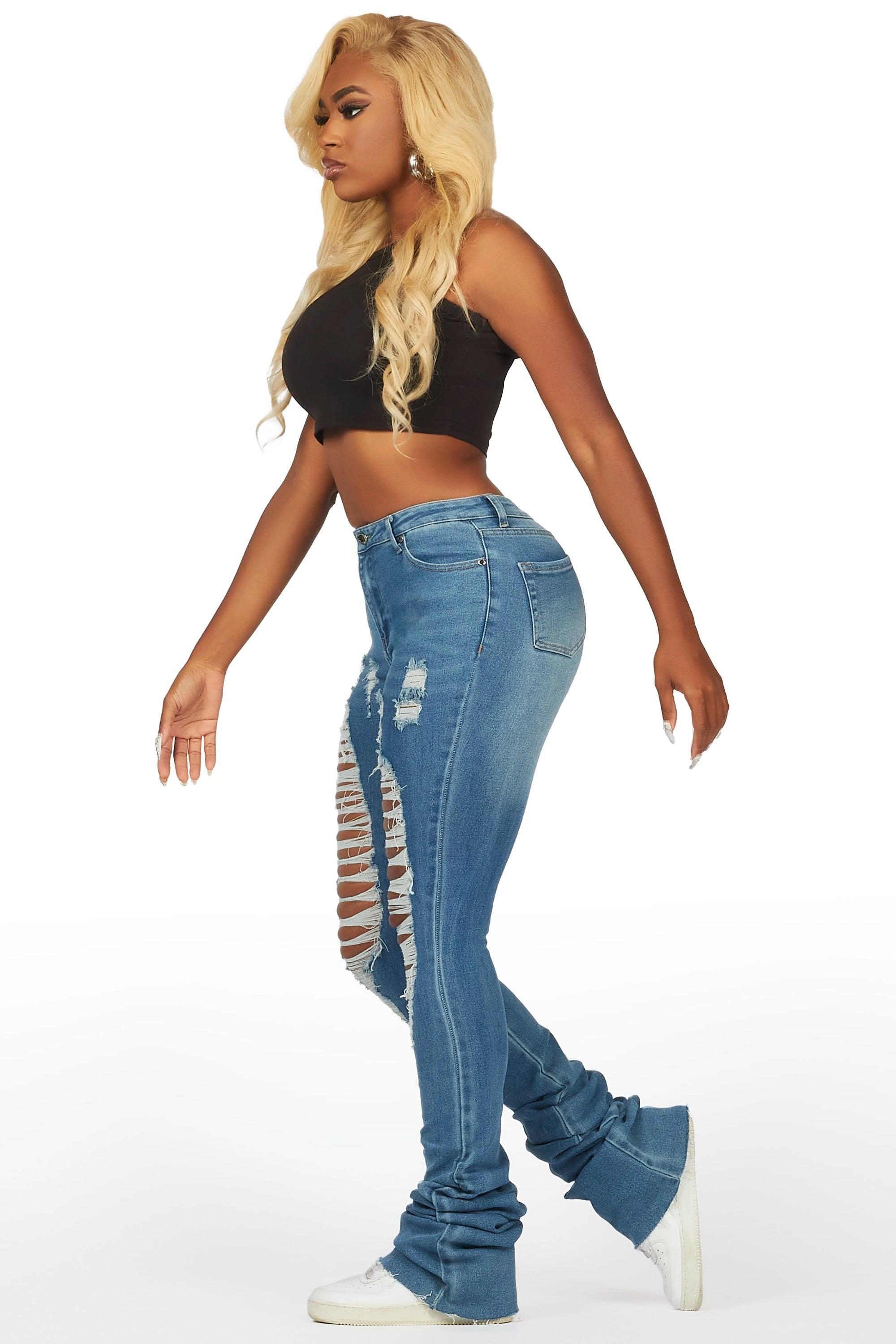 Yours Truly Med. Wash Distressed Super Stacked Jean Female Product Image