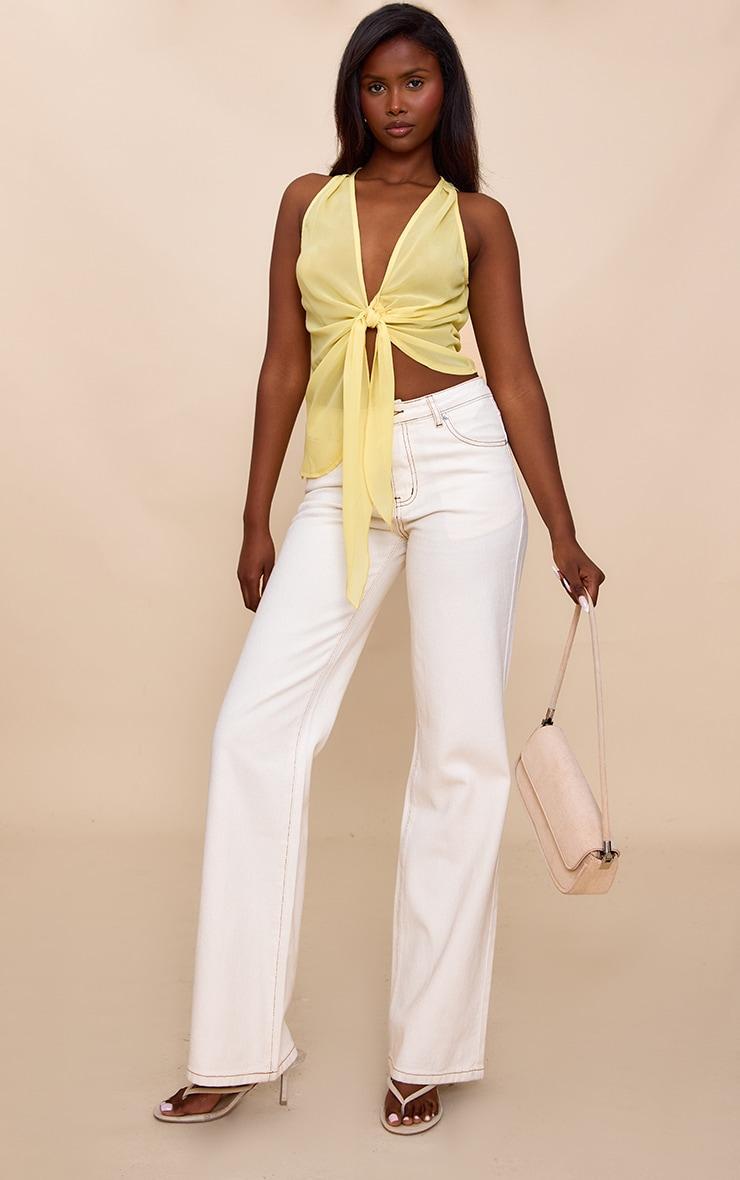 Yellow Drape Plunge Front Chiffon Long Top Product Image