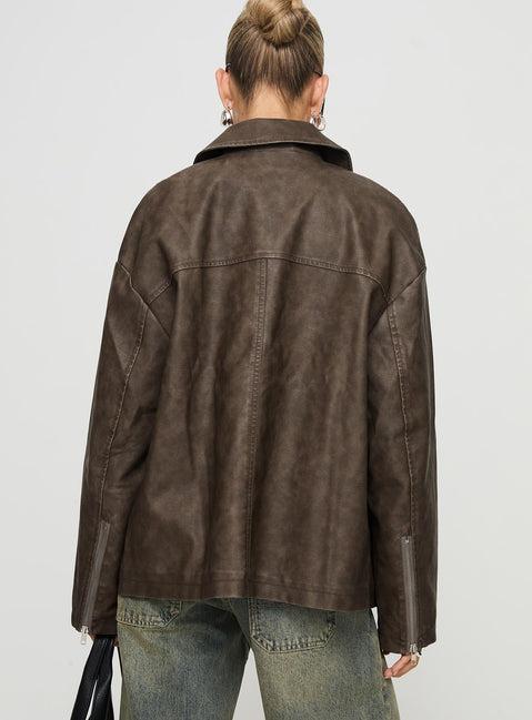 Faux Leather Collared Dad Jacket Washed Brown Product Image