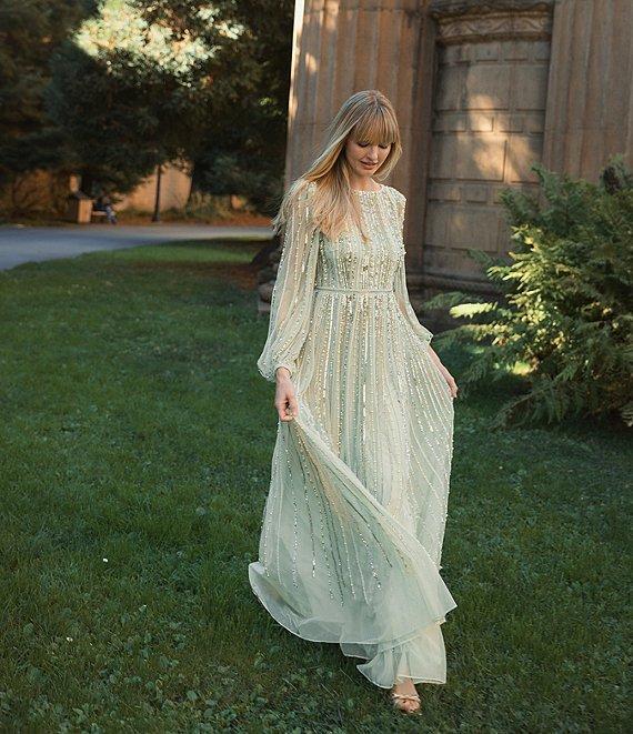 Mac Duggal Embellished Mesh Striped Beaded Boat Neck Long Sleeve Gown Product Image