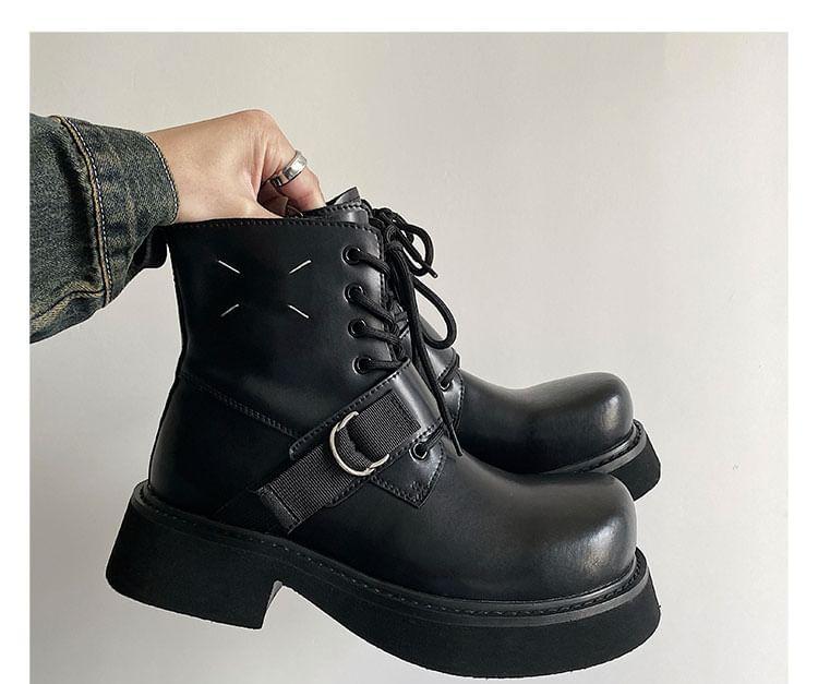 Platform Plain Buckled Lace-Up Faux Leather Short Boots Product Image