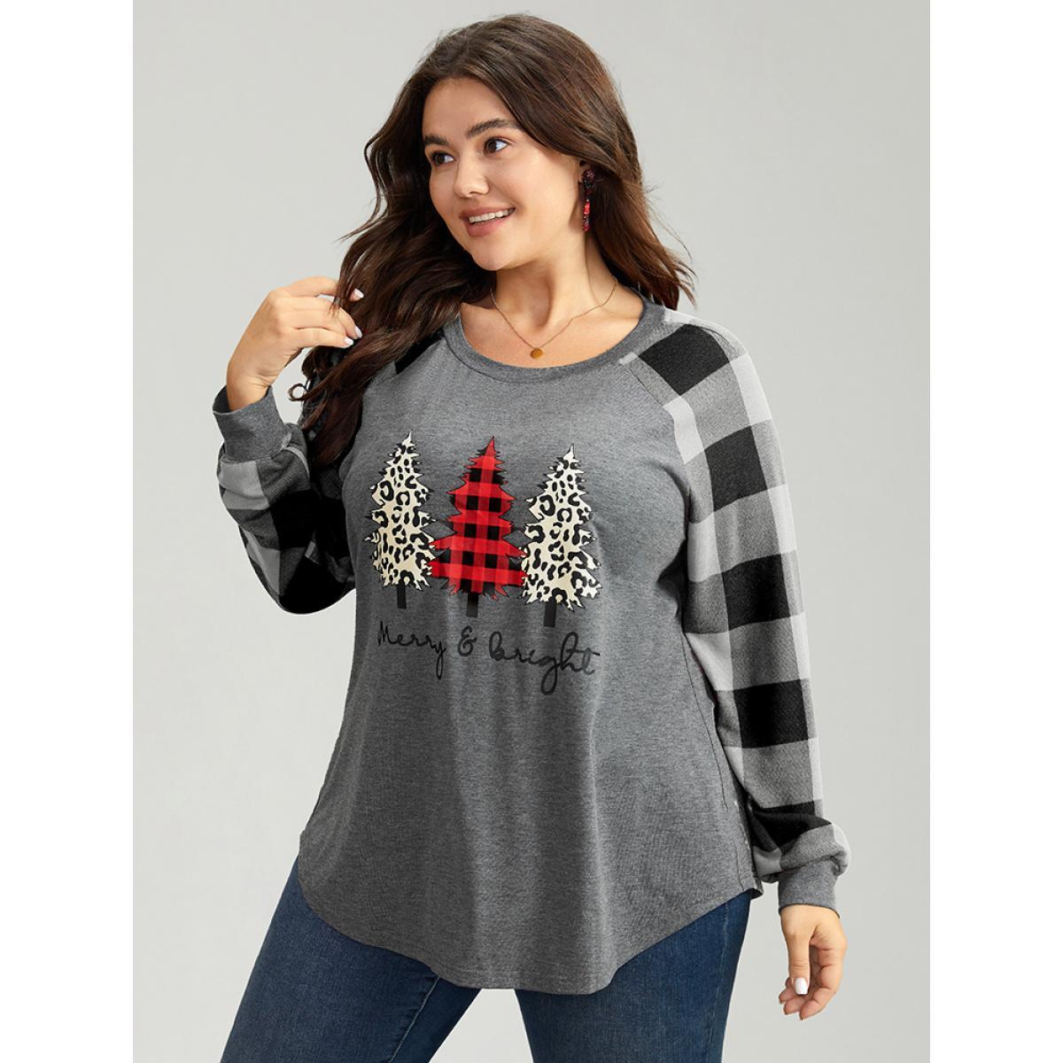 Plus Size Plaid Christmas Trees Round Neck T-shirt Black Women Casual Contrast Christmas Festival-Christmas T-shirts BloomChic 14-16/1X Product Image