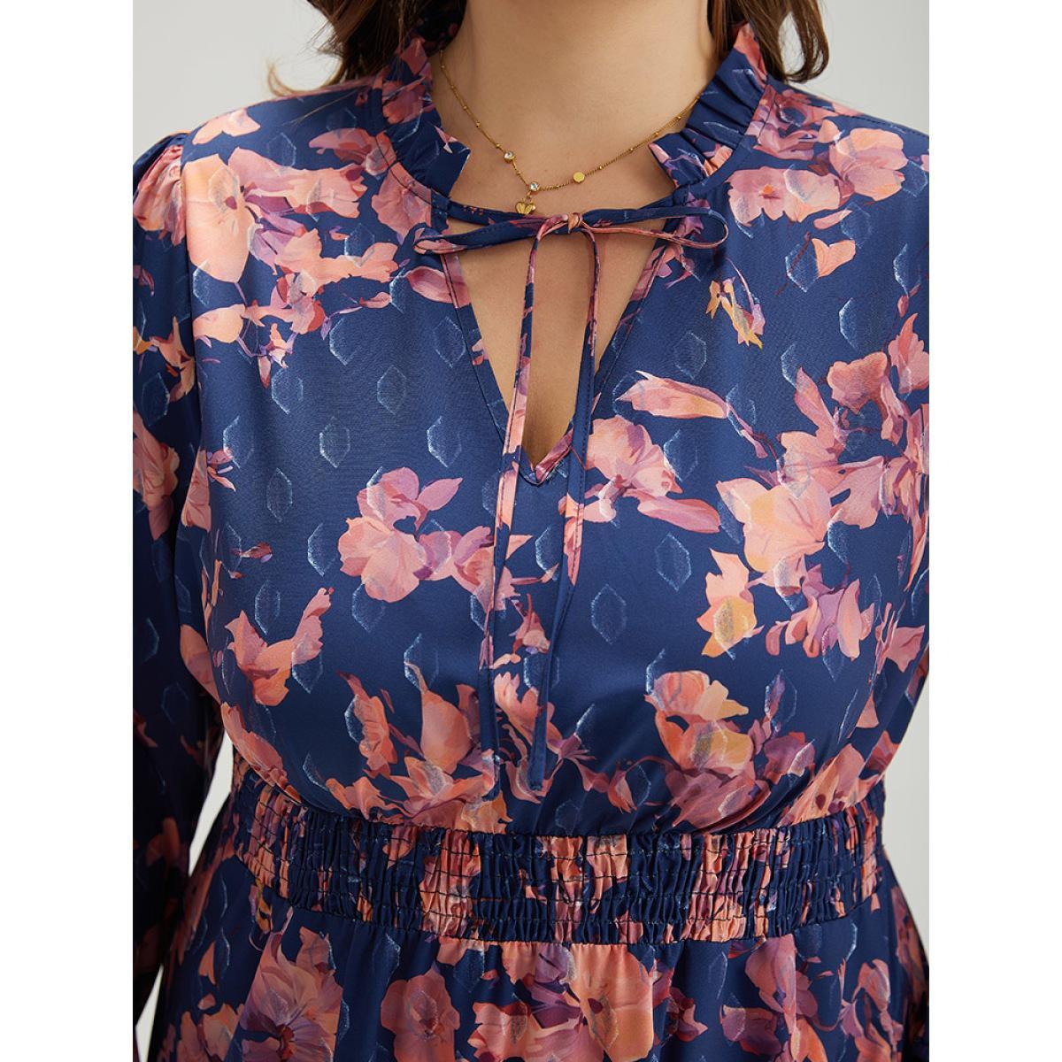 Plus Size Floral Print Shirred Frill Trim Ties Dress DarkBlue Women Elegant Elastic cuffs Tie Neck Long Sleeve Curvy Midi Dress BloomChic 10/M Product Image