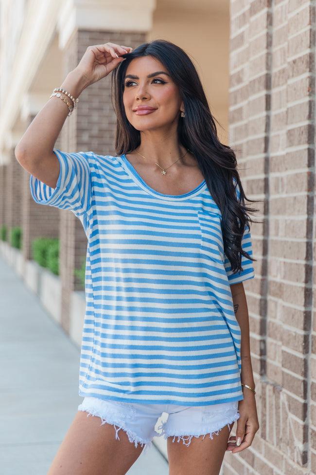 Vital Moment Blue and Ivory Striped Scoop Neck T-Shirt FINAL SALE Product Image