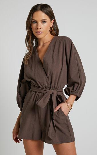 Kiro Playsuit - Linen Look V Neck Puff Sleeve Tie Waist Playsuit in Chocolate Product Image