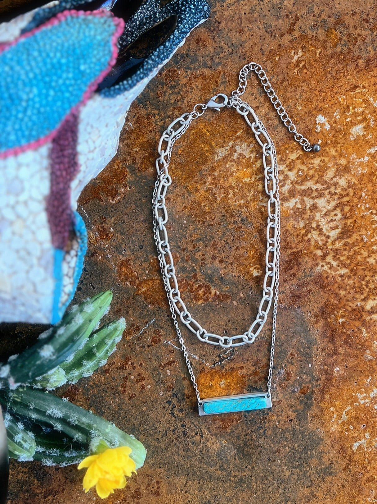 Chunky Chain Paired With Small Chain Turquoise Bar Necklace Product Image