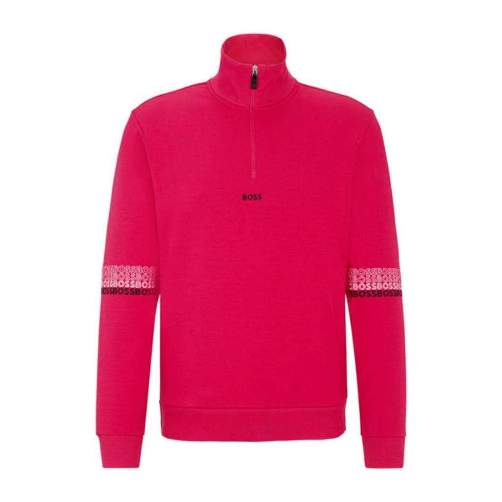 HUGO BOSS Cotton-blend Zip-neck Sweatshirt With Multi-colored Logos In Pink Product Image