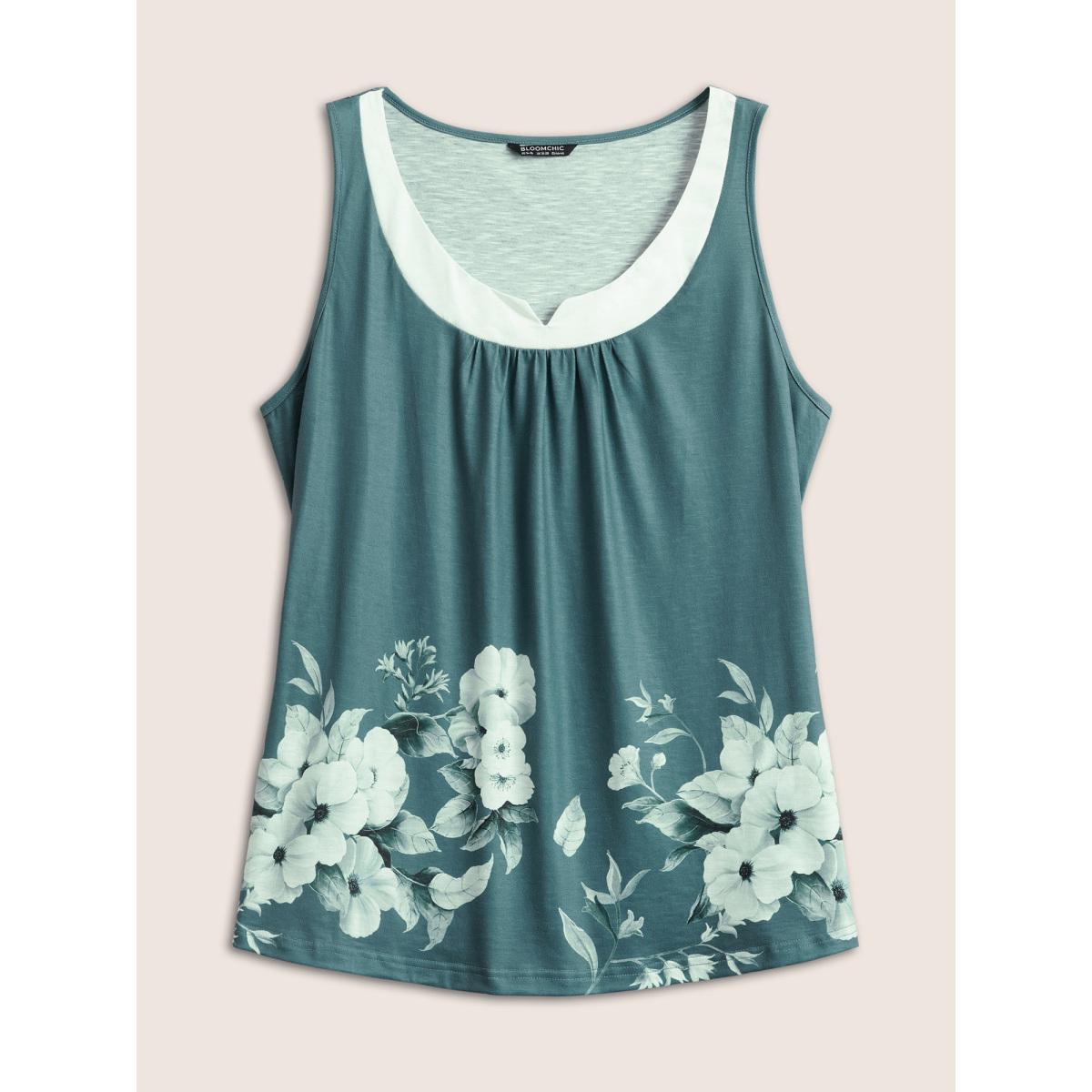 Plus Size Boho Print Contrast Notched Tank Top Women Green Elegant Gathered Notched collar Everyday Tank Tops Camis BloomChic 22-24/3X Product Image