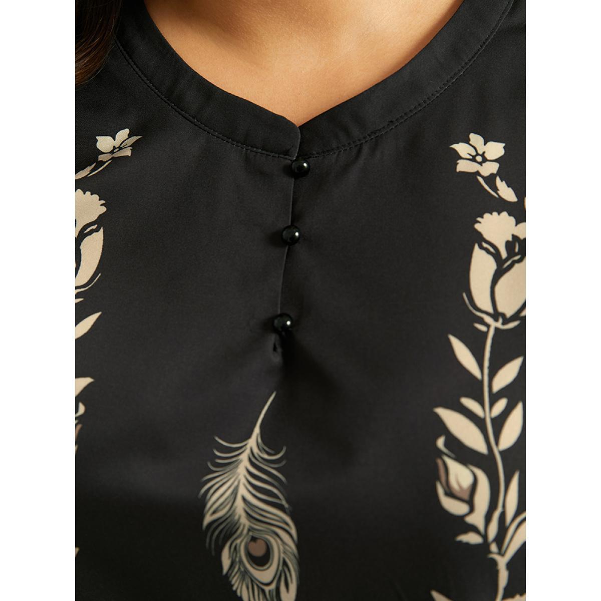 Plus Size Black Floral Print Button Up Lantern Sleeve Blouse Women Elegant Long Sleeve Round Neck Dailywear Blouses BloomChic 12/L Product Image