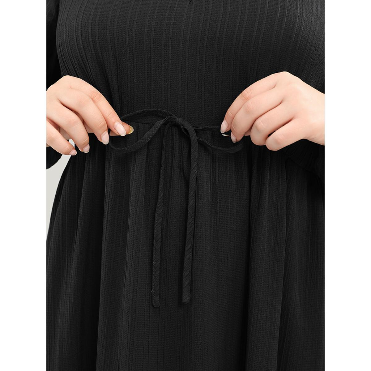 Plus Size Solid Lantern Sleeve Pocket Textured Ties Up Flutter Dress Black Women Office V-neck Long Sleeve Curvy Midi Dress BloomChic 26/4X Product Image